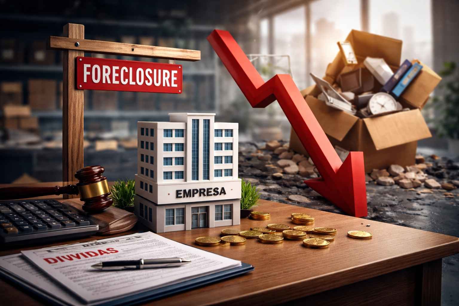 Imagem representando empresa perdendo bens por dívidas bancárias, com prédio empresarial, placa de execução, documentos de dívidas, moedas, martelo de juiz e gráfico de queda financeira, simbolizando risco patrimonial e execução judicial.