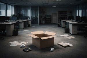 Escritório corporativo vazio com mesas desocupadas, papéis espalhados pelo chão e uma caixa de papelão aberta no centro, simbolizando empresa sem caixa, falta de capital de giro e paralisação das atividades empresariais.