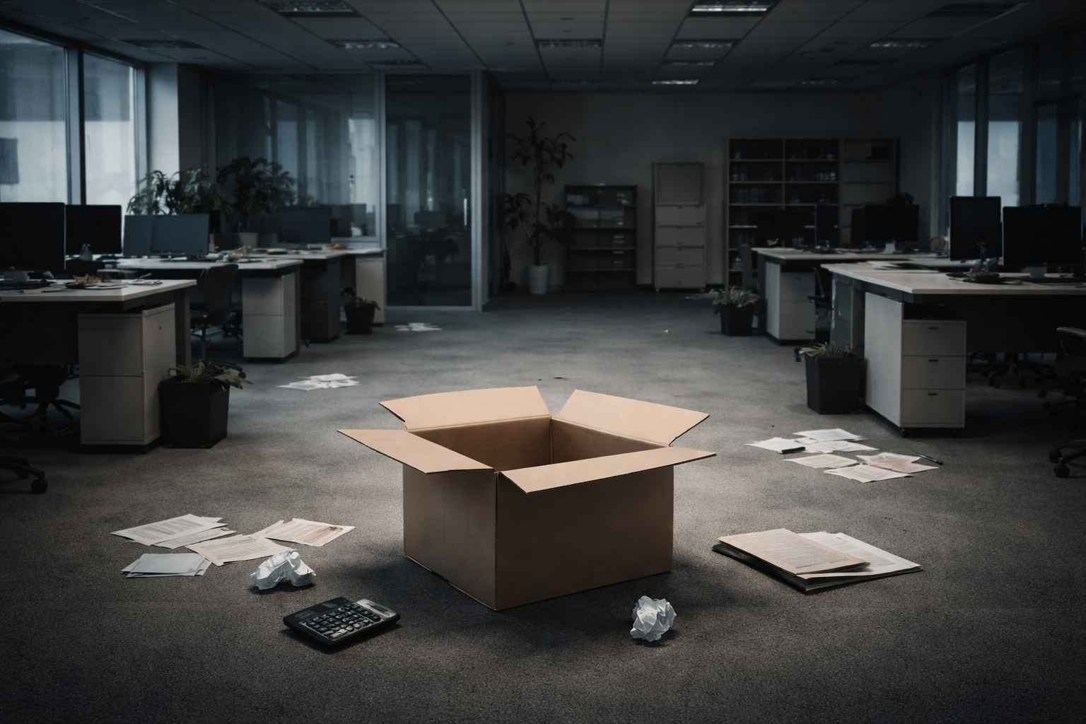 Escritório corporativo vazio com mesas desocupadas, papéis espalhados pelo chão e uma caixa de papelão aberta no centro, simbolizando empresa sem caixa, falta de capital de giro e paralisação das atividades empresariais.