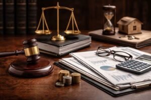 Mesa de escritório jurídico com martelo do juiz, balança da justiça, documentos financeiros, calculadora, moedas e gráficos, representando gestão de passivos e organização de dívidas empresariais.