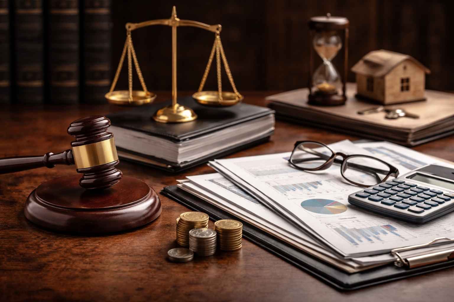 Mesa de escritório jurídico com martelo do juiz, balança da justiça, documentos financeiros, calculadora, moedas e gráficos, representando gestão de passivos e organização de dívidas empresariais.