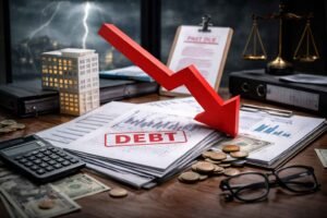 Documentos financeiros com a palavra “debt”, gráfico em queda representado por seta vermelha, calculadora, moedas e símbolos jurídicos, ilustrando dívida empresarial que resulta em negativação do nome do sócio.