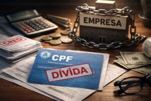 Cartão de CPF marcado como dívida sobre documentos financeiros, com empresa acorrentada, moedas, calculadora e dinheiro ao fundo, simbolizando dívida empresarial que afeta o CPF do sócio.