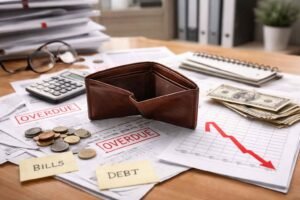 Carteira vazia sobre documentos financeiros com contas vencidas, gráfico em queda, moedas, dinheiro e calculadora, representando empresa sem capital de giro e dificuldades no fluxo de caixa.