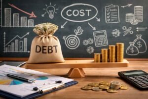Imagem com balança financeira, saco escrito “debt”, pilhas de moedas, calculadora e gráficos ao fundo, representando estratégias para redução de dívidas empresariais.