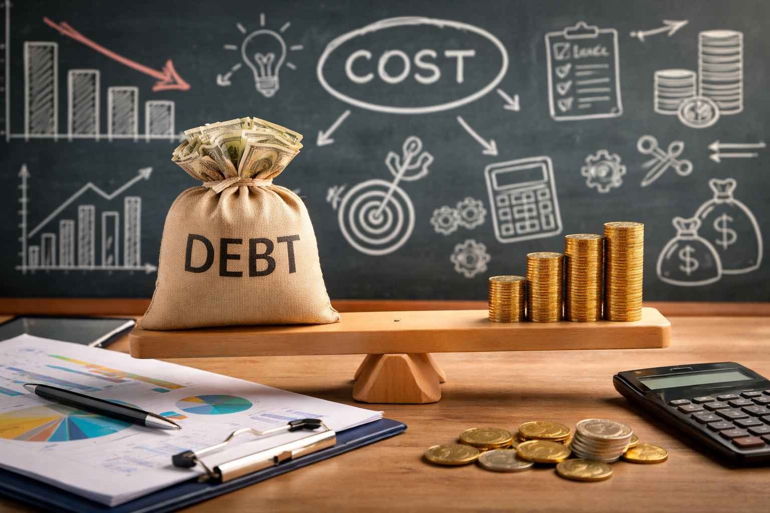Imagem com balança financeira, saco escrito “debt”, pilhas de moedas, calculadora e gráficos ao fundo, representando estratégias para redução de dívidas empresariais.