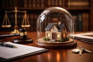 Imagem de uma casa protegida por uma redoma de vidro sobre uma mesa jurídica, com martelo do juiz, balança da justiça, documentos e chaves, representando proteção patrimonial contra execuções.