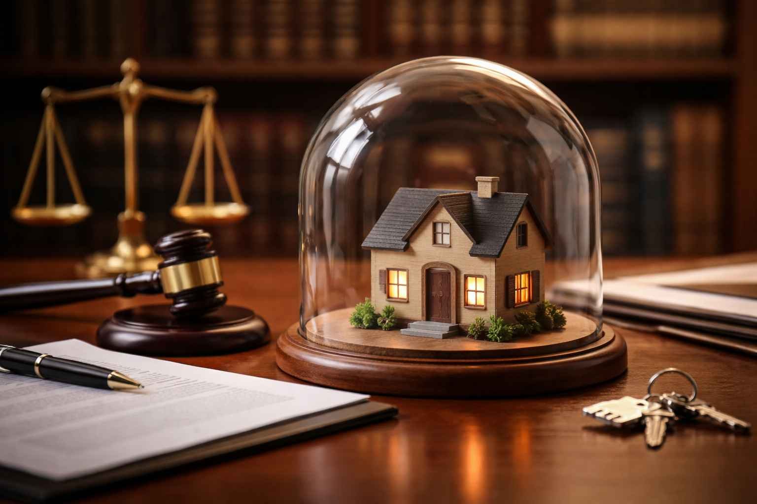Imagem de uma casa protegida por uma redoma de vidro sobre uma mesa jurídica, com martelo do juiz, balança da justiça, documentos e chaves, representando proteção patrimonial contra execuções.