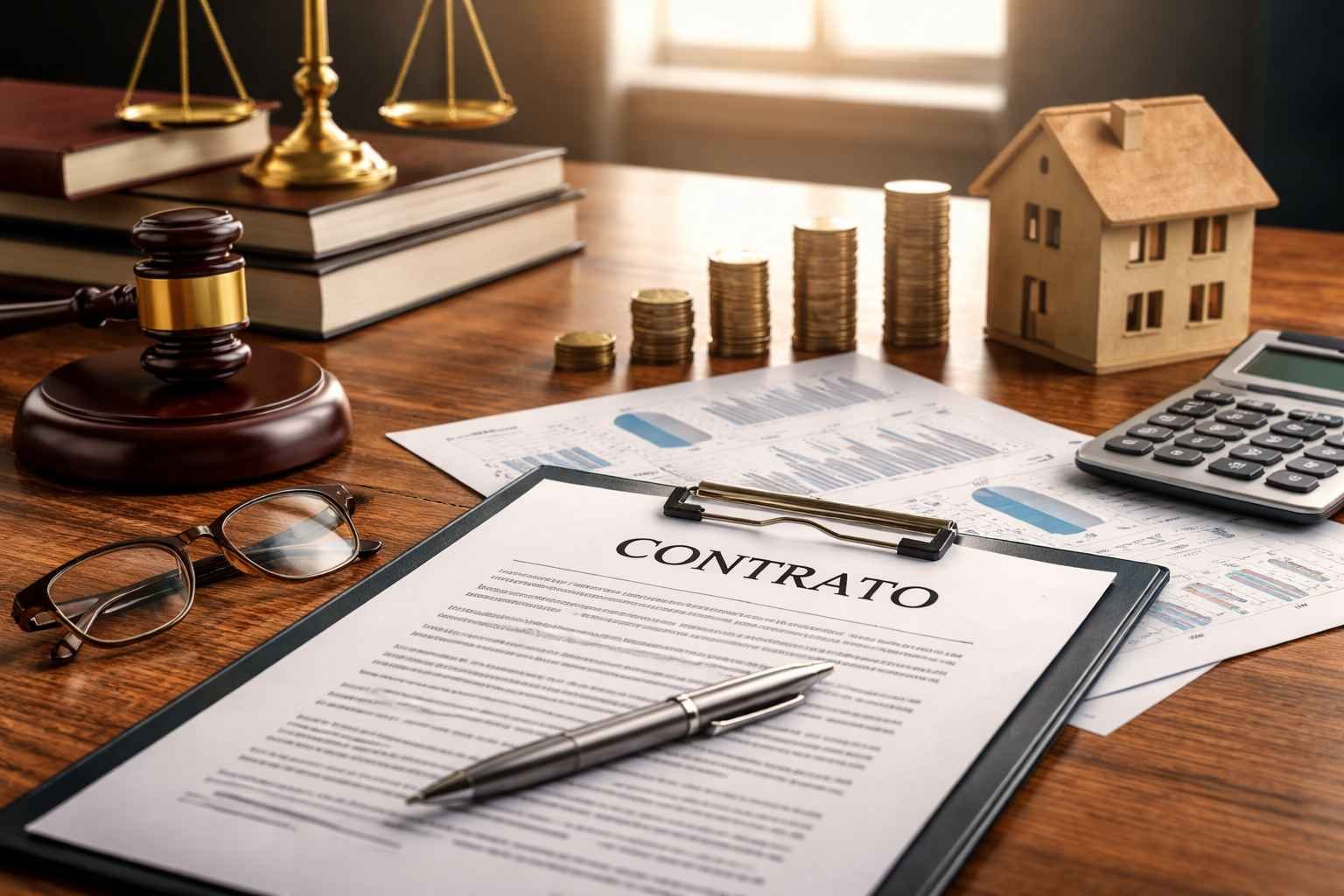 Imagem representando revisão de contrato bancário por empresa, com documento sobre mesa, moedas empilhadas, casa em miniatura, calculadora e símbolos jurídicos.