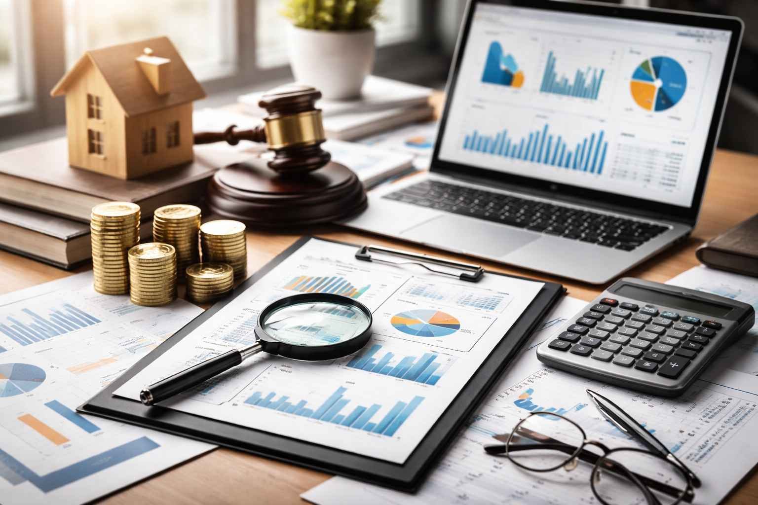 Imagem ilustrando revisão de financiamento empresarial, com documentos financeiros, gráficos, moedas empilhadas, calculadora e símbolos jurídicos sobre mesa.