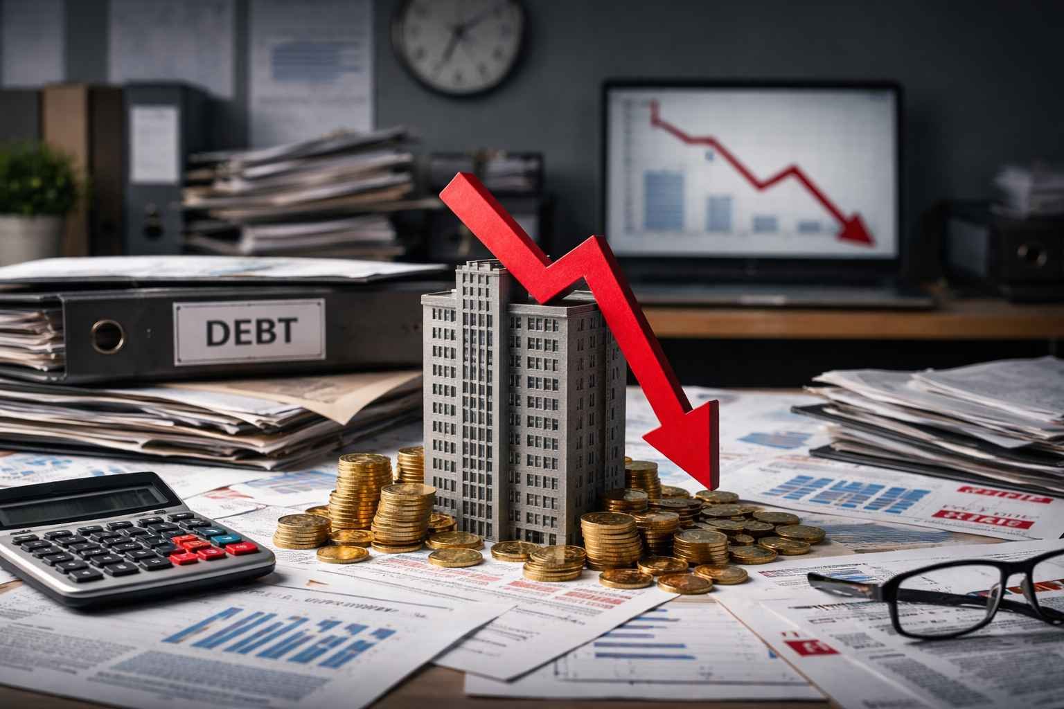 Imagem ilustrando empresa superendividada, com gráfico em queda, pilhas de moedas, documentos financeiros e prédio em miniatura sobre mesa.