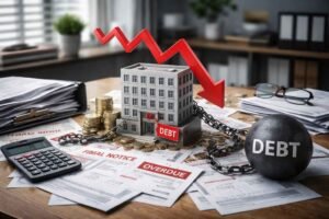 Imagem ilustrando soluções para dívidas bancárias, com prédio em miniatura, documentos financeiros, correntes e seta descendente simbolizando pressão financeira.
