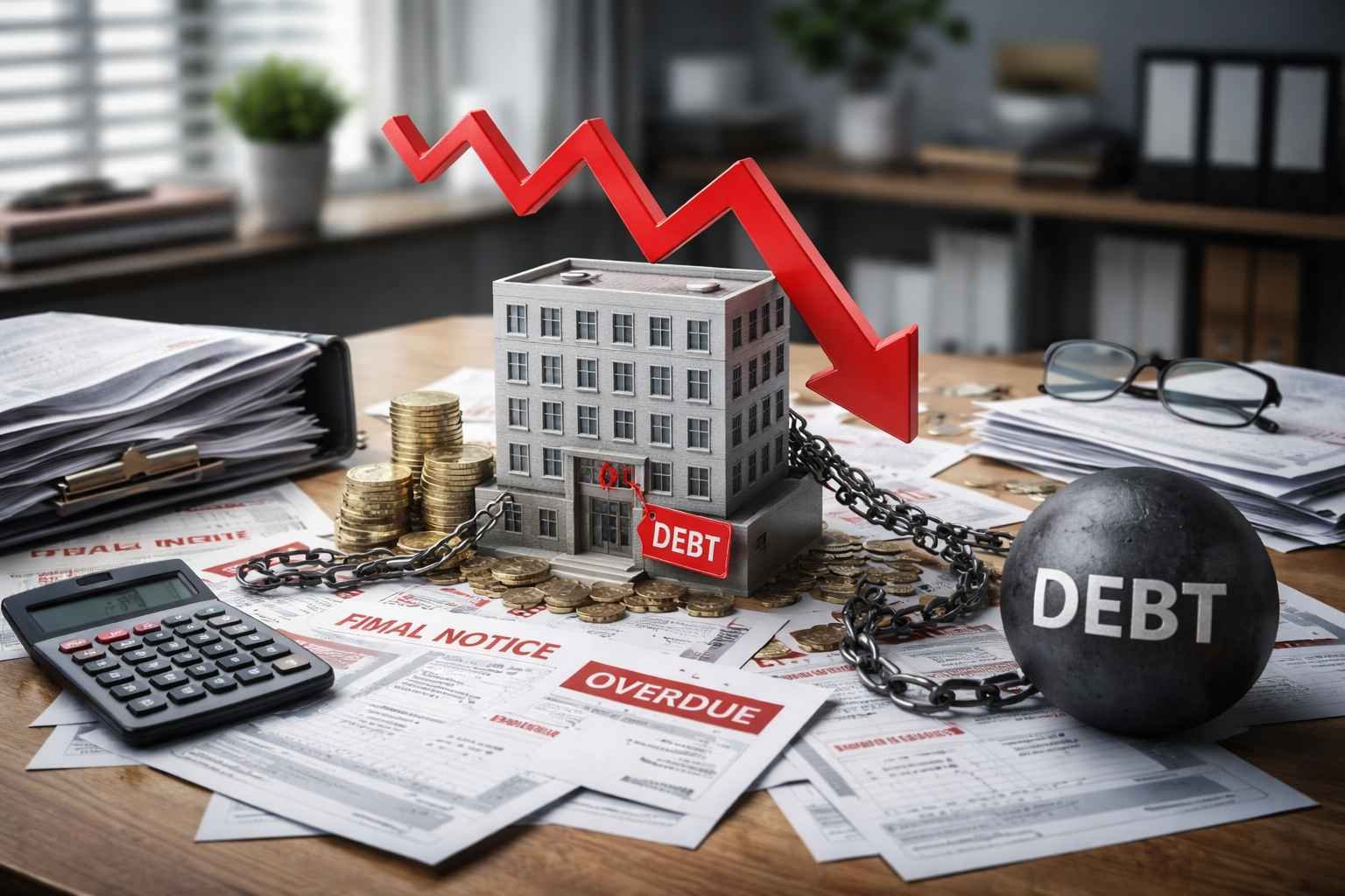 Imagem ilustrando soluções para dívidas bancárias, com prédio em miniatura, documentos financeiros, correntes e seta descendente simbolizando pressão financeira.