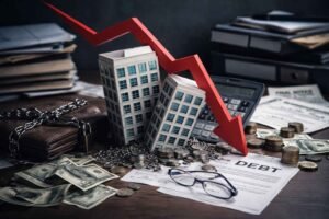 Imagem ilustrando empresa com dificuldades para pagar bancos, com prédios em miniatura, moedas, documentos de dívida e seta em queda.