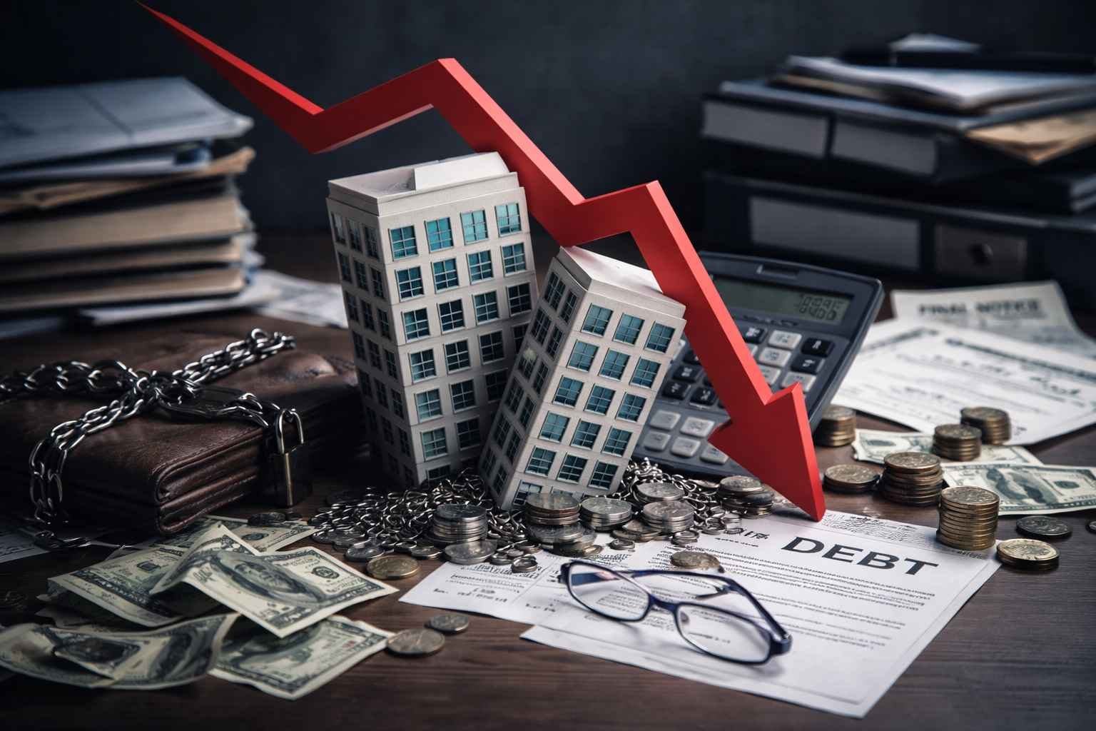 Imagem ilustrando empresa com dificuldades para pagar bancos, com prédios em miniatura, moedas, documentos de dívida e seta em queda.