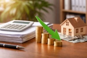 Imagem ilustrando redução de parcelas de empréstimo com pilhas de moedas em queda e seta verde apontando para baixo, simbolizando diminuição de custos financeiros.