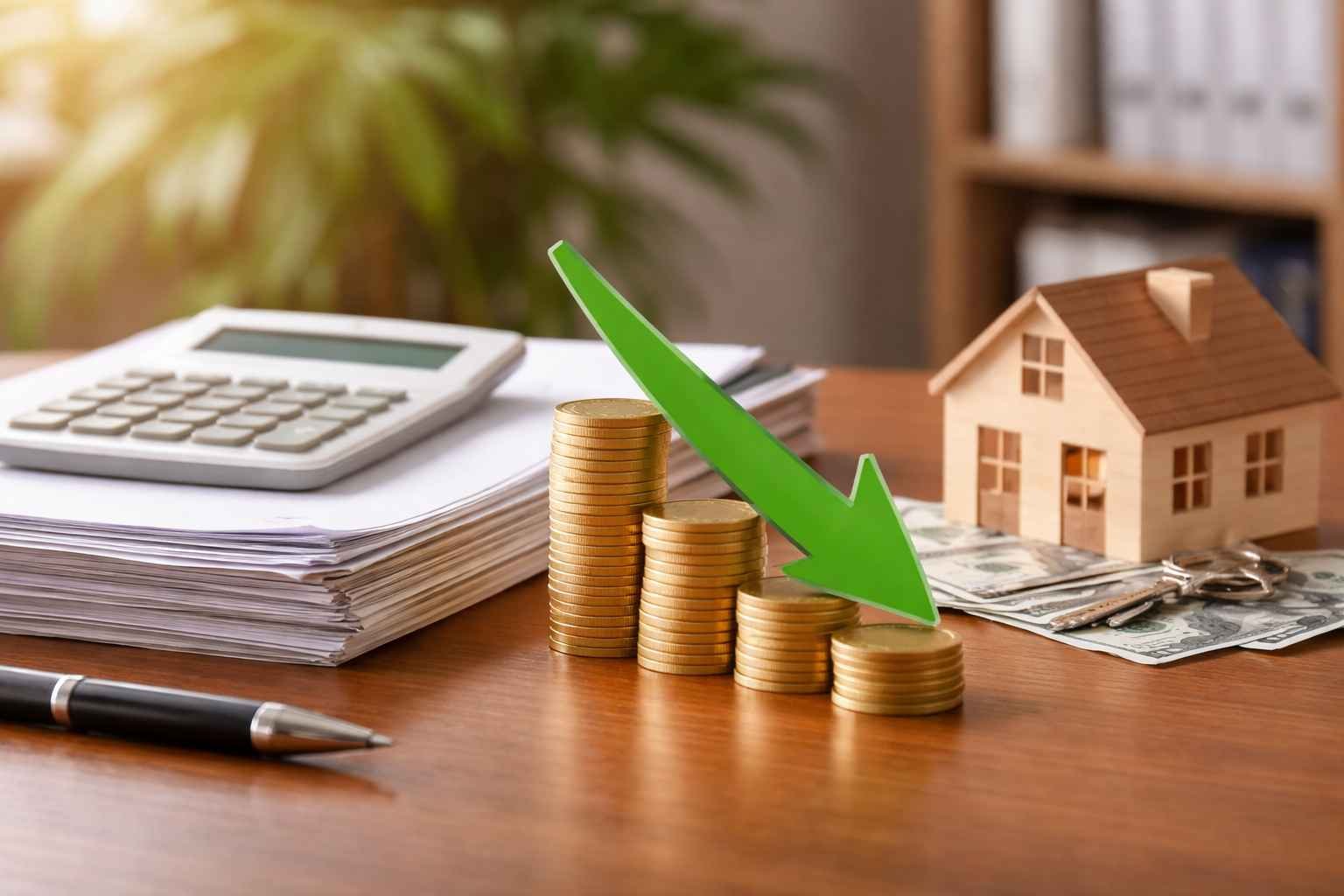 Imagem ilustrando redução de parcelas de empréstimo com pilhas de moedas em queda e seta verde apontando para baixo, simbolizando diminuição de custos financeiros.