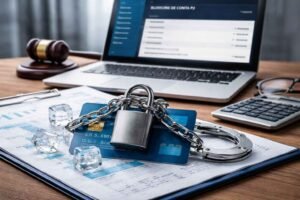 Imagem ilustrando bloqueio de conta PJ com cartão bancário preso por corrente e cadeado sobre documentos financeiros, simbolizando restrição de acesso ao dinheiro empresarial.