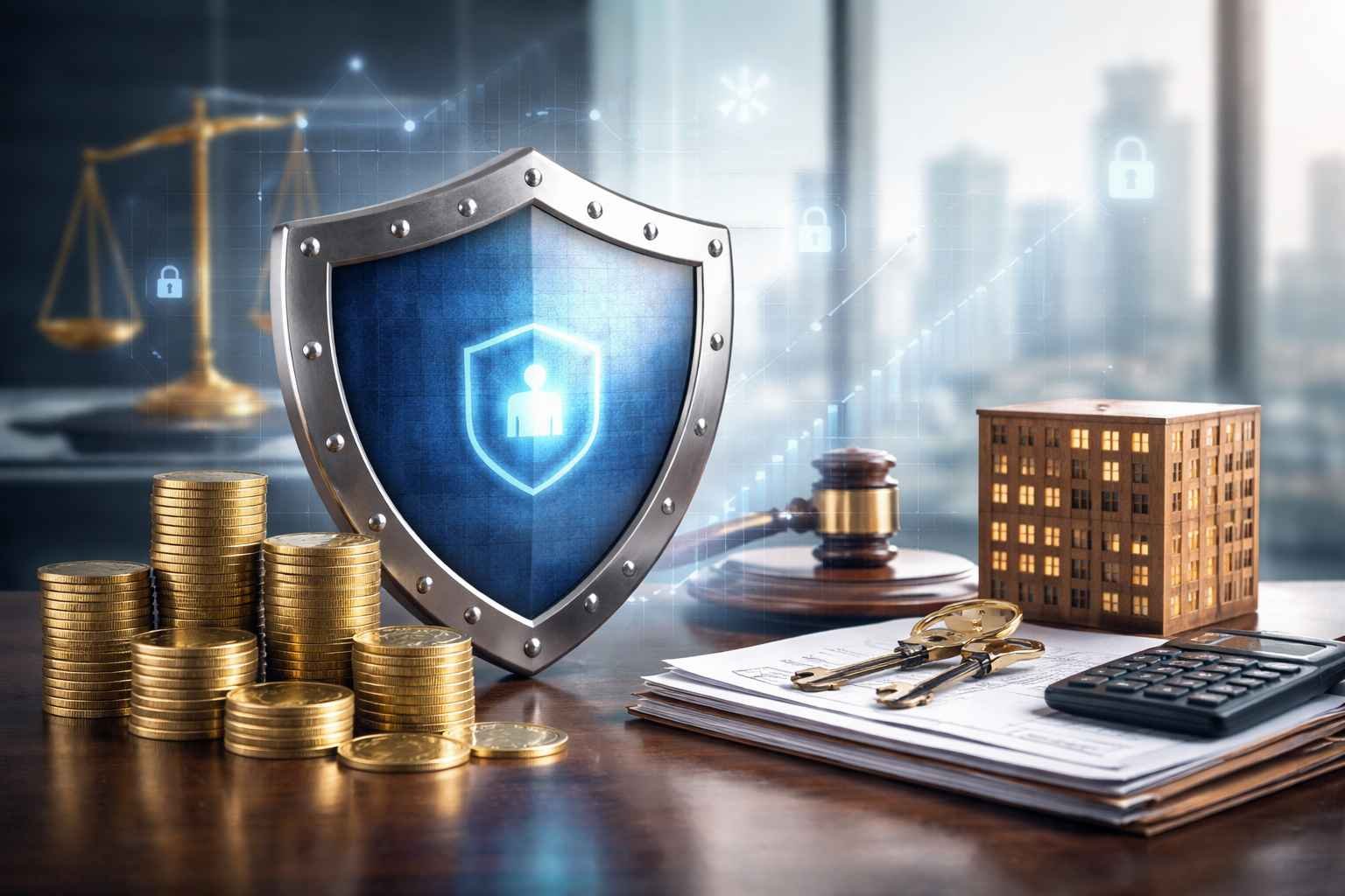 Imagem representando blindagem patrimonial empresarial com escudo de proteção, moedas e elementos jurídicos simbolizando segurança financeira e proteção de bens da empresa.