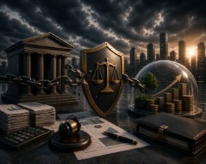 Escudo metálico rompendo uma corrente ligada a uma estrutura bancária, enquanto documentos financeiros e uma redoma protegem ativos empresariais diante de um cenário urbano sob céu tempestuoso.