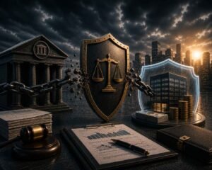 Escudo metálico rompendo correntes que ligam uma instituição financeira a uma empresa protegida por uma barreira luminosa, simbolizando a suspensão de restrições de crédito e a recuperação da reputação financeira.