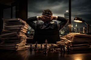 Empresário em escritório escuro analisando riscos financeiros com pilhas de documentos e peças de xadrez.