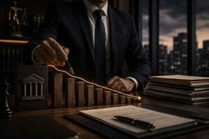 Mesa corporativa sofisticada com gráficos financeiros em queda, documentos jurídicos e estratégia de redução de dívidas bancárias em ambiente cinematográfico.