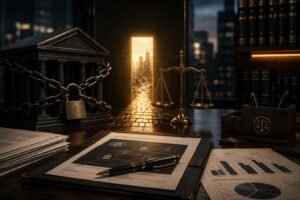 Ambiente jurídico corporativo com documentos financeiros, símbolo de justiça e estrutura bancária acorrentada em iluminação cinematográfica.
