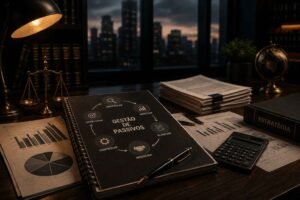 Mesa corporativa sofisticada com relatórios financeiros, calculadora, documentos estratégicos e ambiente jurídico iluminado de forma cinematográfica.