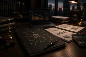 Mesa corporativa sofisticada com relatórios financeiros, peças de xadrez, gráficos e elementos jurídicos em ambiente cinematográfico.