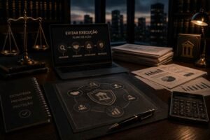 Mesa corporativa jurídica com relatórios financeiros, calculadora, documentos estratégicos e elementos de proteção patrimonial em iluminação cinematográfica.