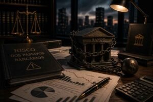 Ambiente corporativo jurídico com gráficos financeiros negativos, estrutura bancária acorrentada e documentos estratégicos sobre mesa sofisticada.