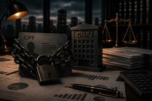 Documento de CPF acorrentado ao lado de estrutura empresarial representando vínculo entre dívidas empresariais e restrições pessoais em ambiente jurídico sofisticado.