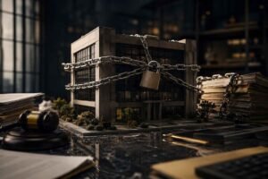 Prédio corporativo em miniatura preso por correntes e cadeado sobre mesa jurídica sofisticada com documentos e iluminação cinematográfica.