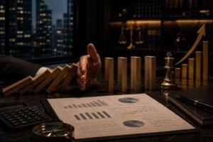 Como evitar falência: mão interrompendo queda de blocos sobre mesa corporativa com gráficos financeiros