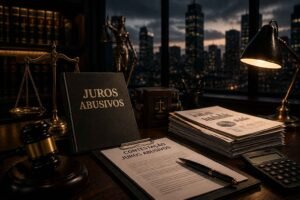 Mesa jurídica sofisticada com documentos financeiros, calculadora e materiais sobre contestação de juros abusivos.