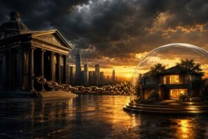 Ilustração conceitual representando se os bens do sócio respondem por dívida da LTDA, com residência protegida sob cúpula transparente e corrente enfraquecendo antes de alcançá-la, simbolizando separação patrimonial