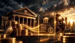 Imagem conceitual sobre como usar o provisionamento bancário, com banco, moedas, cofre e elementos financeiros em cenário sofisticado em tons dourados e escuros.