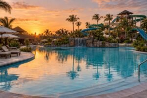 Parque aquático de resort ao entardecer, com toboáguas ao fundo e piscina calma em primeiro plano