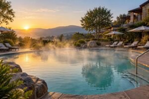 Piscina termal de resort ao amanhecer, com vapor sobre a água e espreguiçadeiras vazias