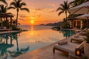 Como cancelar cota de resort GAV: piscina de resort vazia ao entardecer, com espreguiçadeiras e palmeiras, sem pessoas