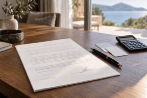 Como cancelar cota de resort: contrato de cota de resort sobre uma mesa com chave de hotel e boleto, piscina desfocada ao fundo sob luz natural