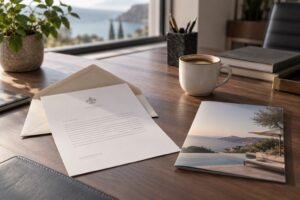 Distrato de cota de resort: carta formal de pedido de distrato saindo de um envelope sobre a mesa, ao lado de um folheto de resort e uma xícara de café