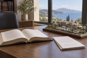 Distrato multipropriedade: livro de direito aberto sobre a mesa ao lado de um contrato dobrado e de uma maquete de empreendimento de multipropriedade
