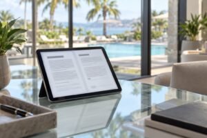 Tablet com um contrato aberto sobre mesa de vidro em sala de vendas envidraçada, com piscina de resort desfocada do lado de fora