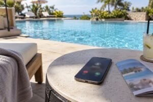 Celular sobre mesa à beira da piscina exibindo tela de chamada não atendida, borrada, ao lado de folheto dobrado