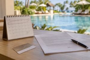 Calendário de mesa com a primeira semana circulada a caneta, ao lado de contrato impresso e cartão-chave de hotel