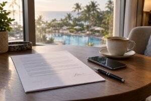 Contrato recém-assinado sobre a mesa de um quarto de hotel, ao lado de caneta, celular e xícara de café, com piscina de resort ao fundo