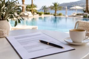 Contrato impresso e caneta sobre a mesinha branca de um stand de vendas, com piscina de resort desfocada ao fundo