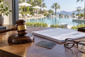 Martelo de juiz sobre mesa de madeira ao lado de páginas de contrato, cartão-chave de hotel e óculos de leitura